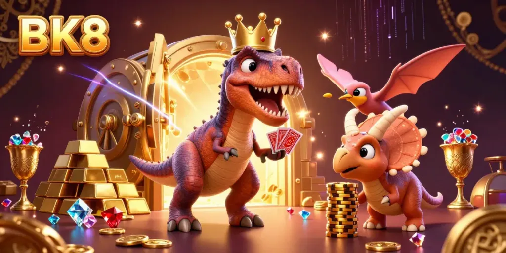 Engage with BK8's vibrant casino scene featuring a T-Rex shuffling cards and a triceratops stacking chips.