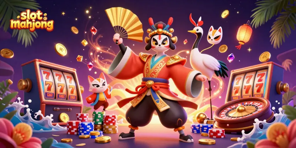 Experience the excitement of slot mahjong with vibrant characters and casino elements spinning around.