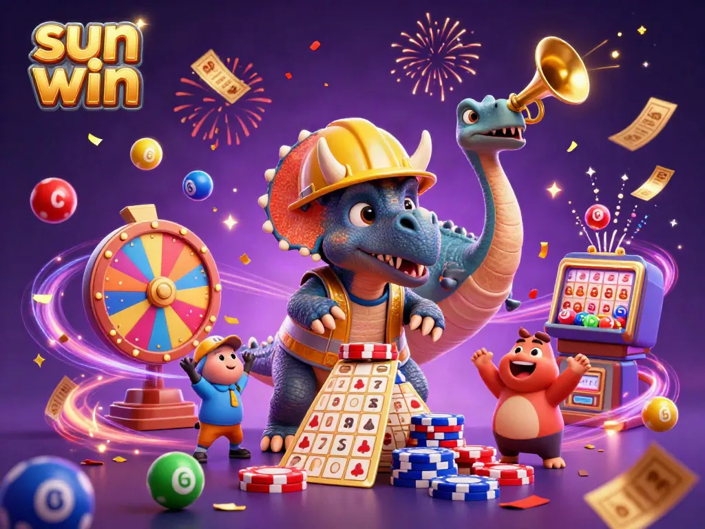 Engage with sun win in a vibrant 3D celebration scene featuring playful dinosaur characters building a poker chip pyramid amidst colorful lottery elements.