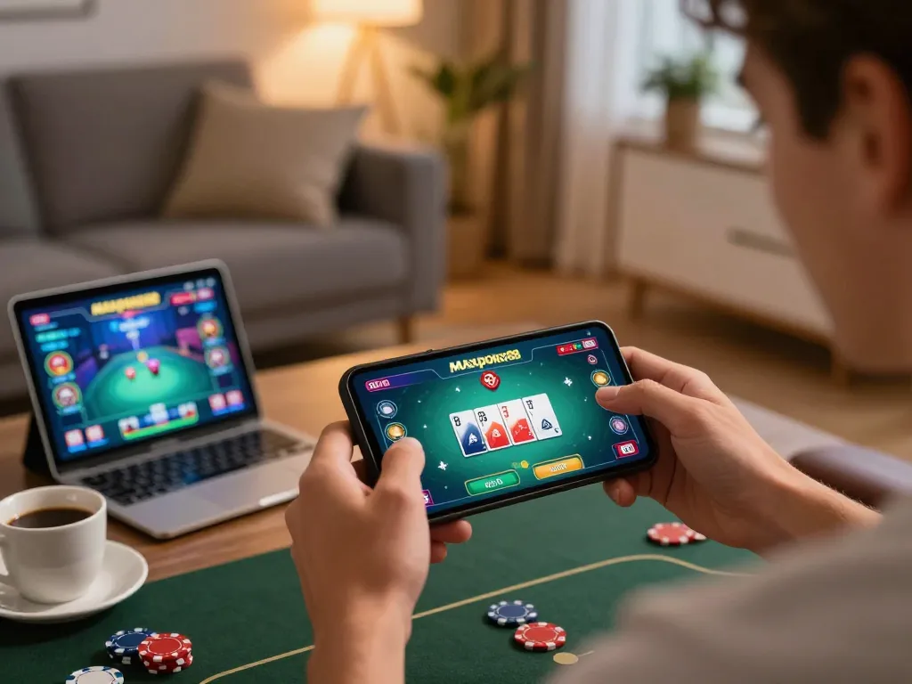 Player enjoying maxpoker88 online poker app in a vibrant home setting, showcasing interactive gameplay.