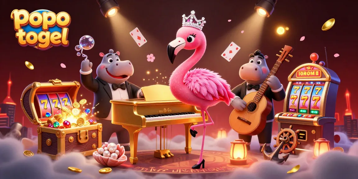 Experience thrilling gameplay at popo togel with vibrant 3D casino art featuring a flamboyant flamingo and hippo musician.