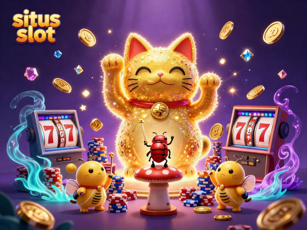Gambar ilustrasi 3D yang menunjukkan situs slot dengan kucing keberuntungan dari kunang-kunang dan elemen kasino lainnya.