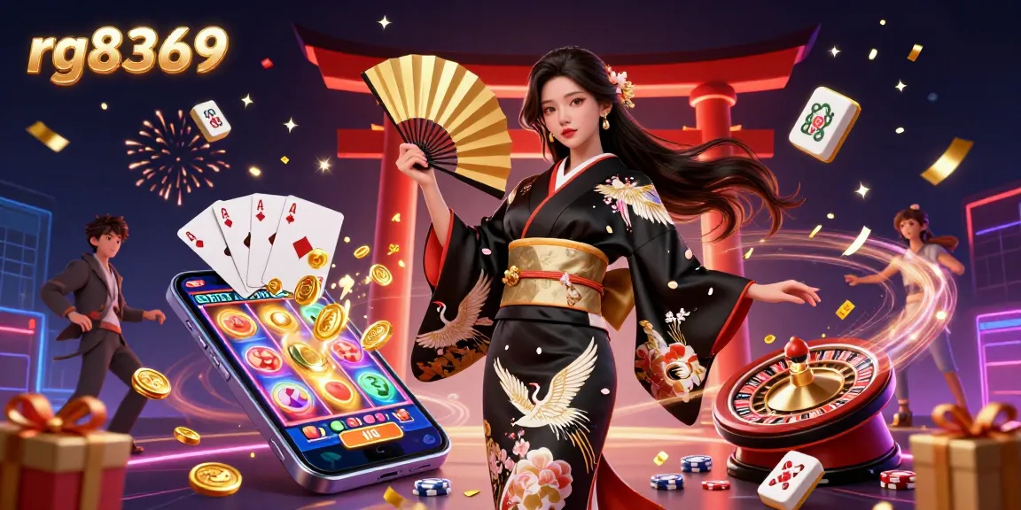 Experience the vibrant casino scene with rg8369, featuring an elegant Asian woman amidst falling sakura and golden symbols.