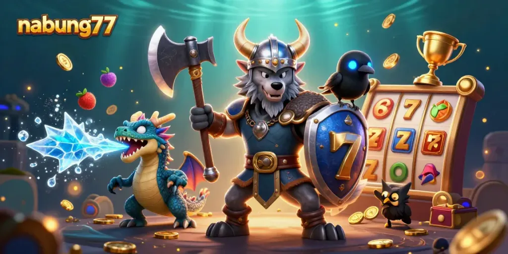 Experience gaming excitement with nabung77 as Viking warrior and dragon conquer thrilling slots.
