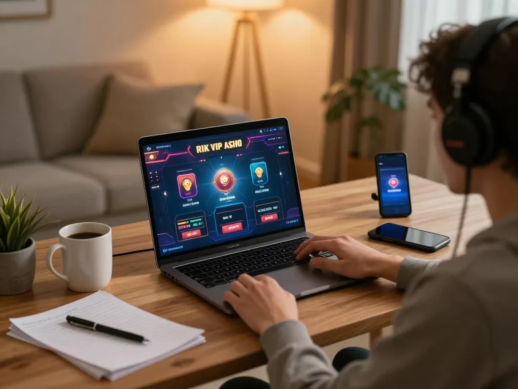 Play online games at rik vip with a cozy home setup, laptop displaying engaging gameplay.