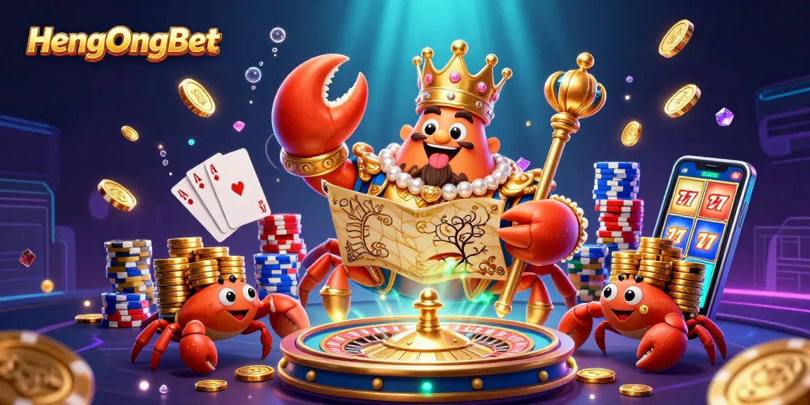Experience thrilling gameplay at HengOngBet with vibrant scenes of a golden crab emperor, roulette, and slot machines.