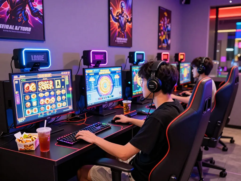 Pemuda yang terbenam dalam permainan slot gacor di ruang permainan yang vibrant.