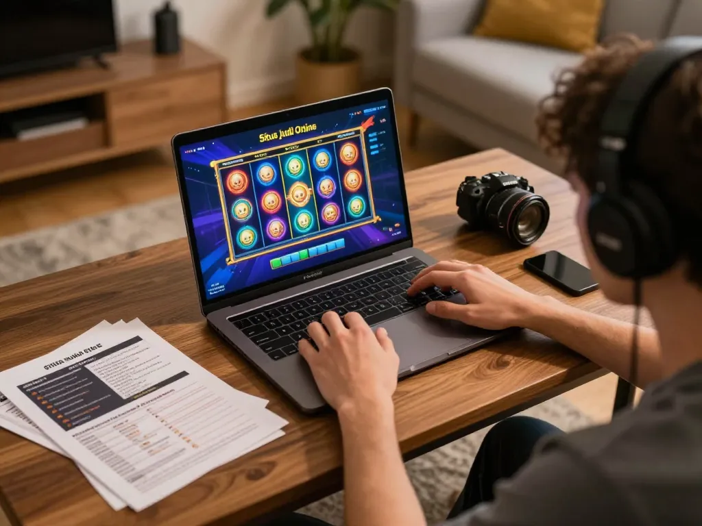Pengguna terlibat dalam permainan dinamis di Situs Judi Online dengan antarmuka permainan slot yang berwarna-warni di laptop.