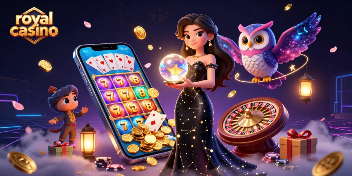 Engage with exciting royal casino gameplay featuring a stunning woman, an owl, and vibrant game elements.
