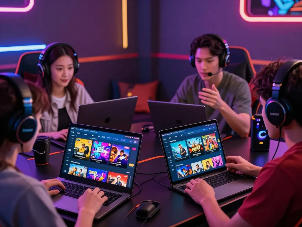 Players enjoying various porngames on multiple devices in a vibrant gaming environment.