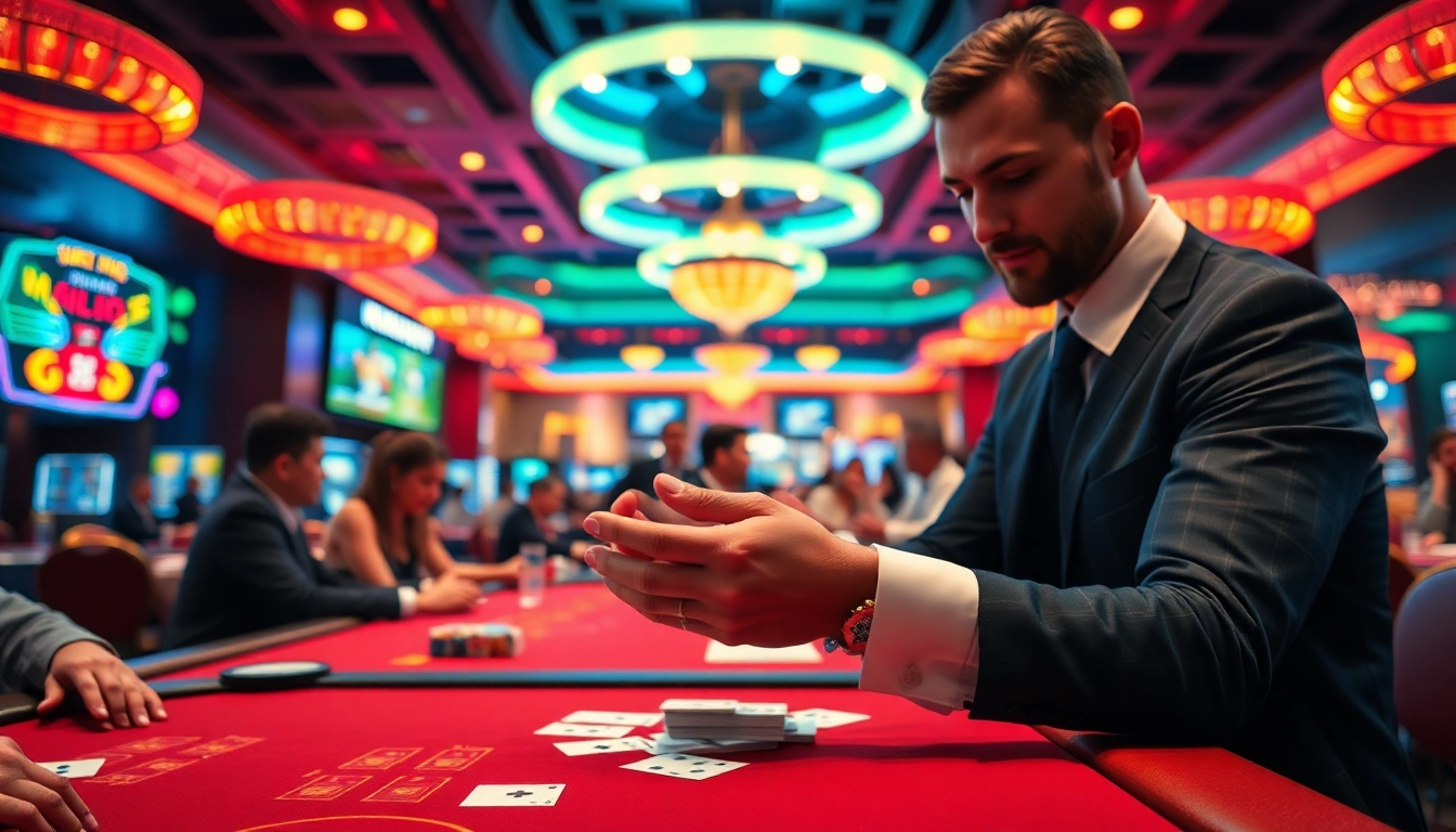 เบทฟลิก dealer in action creating excitement in a vibrant casino atmosphere.