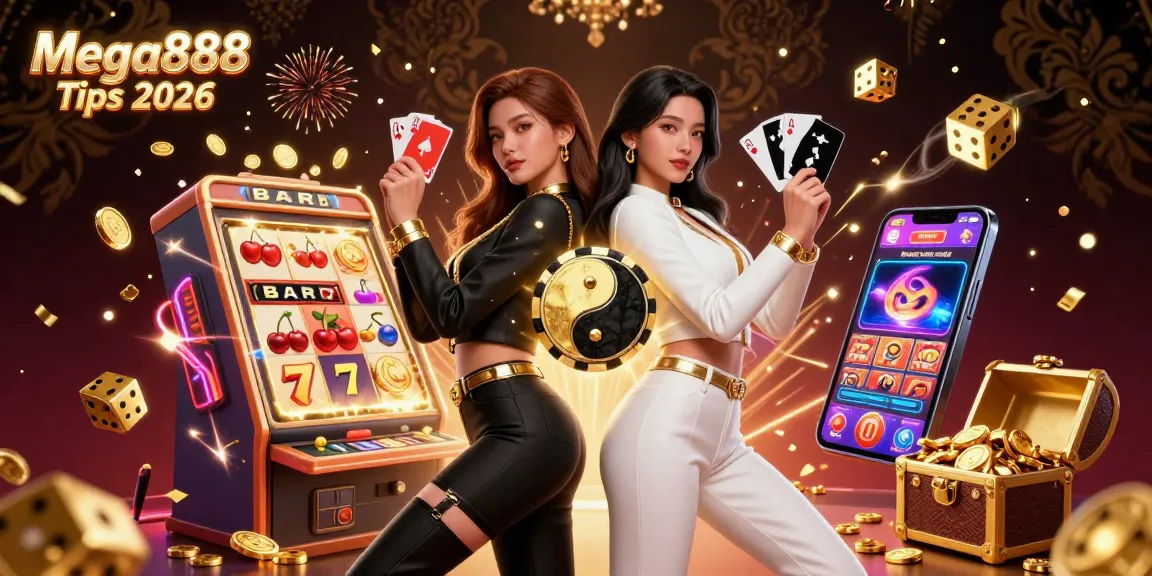 Mega888 Tips 2026 showcasing twin Asian women holding playing cards and surrounded by vibrant casino elements.