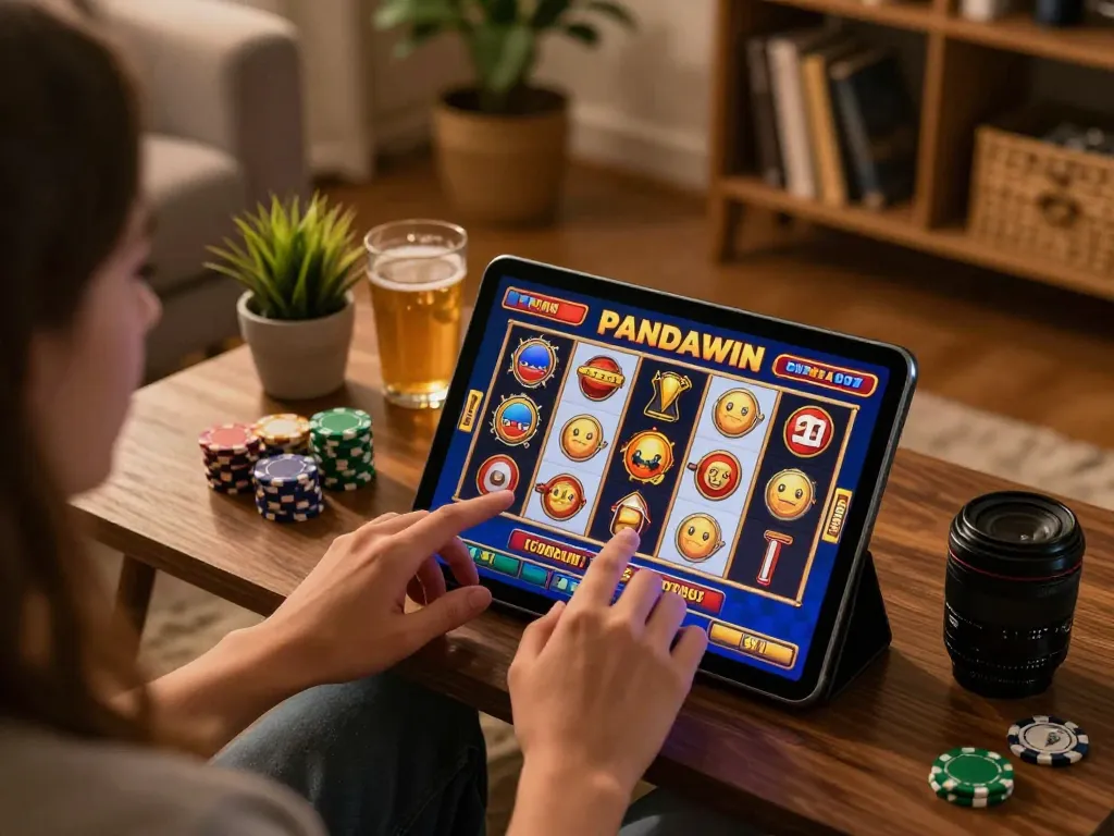 Permainan slot online PANDWIN di ruang tamu yang nyaman, menampilkan pengalaman tablet yang imersif.