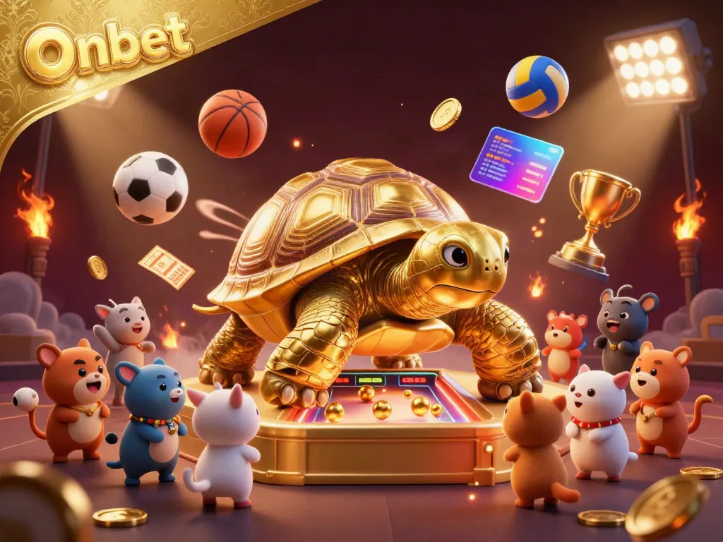 Exciting Onbet scene with a colossal golden tortoise pinball machine and animated sports elements.