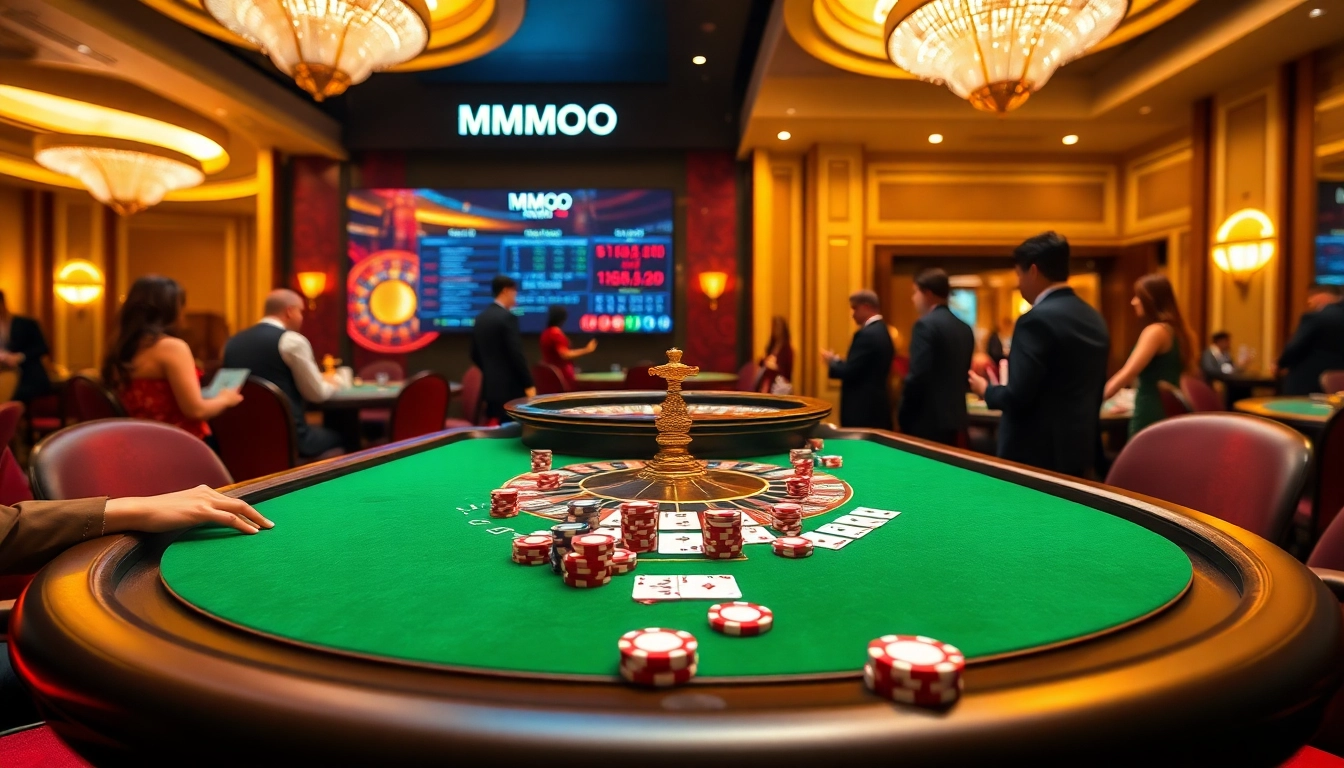 A dynamic casino poker scene featuring MMOO branding with players enjoying the game surrounded by vibrant chips.