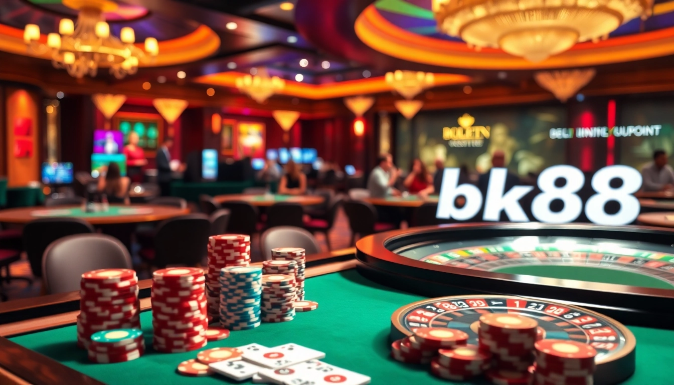Engaging scene of players at the bk88 casino table, highlighted by vivid poker chips and cards.