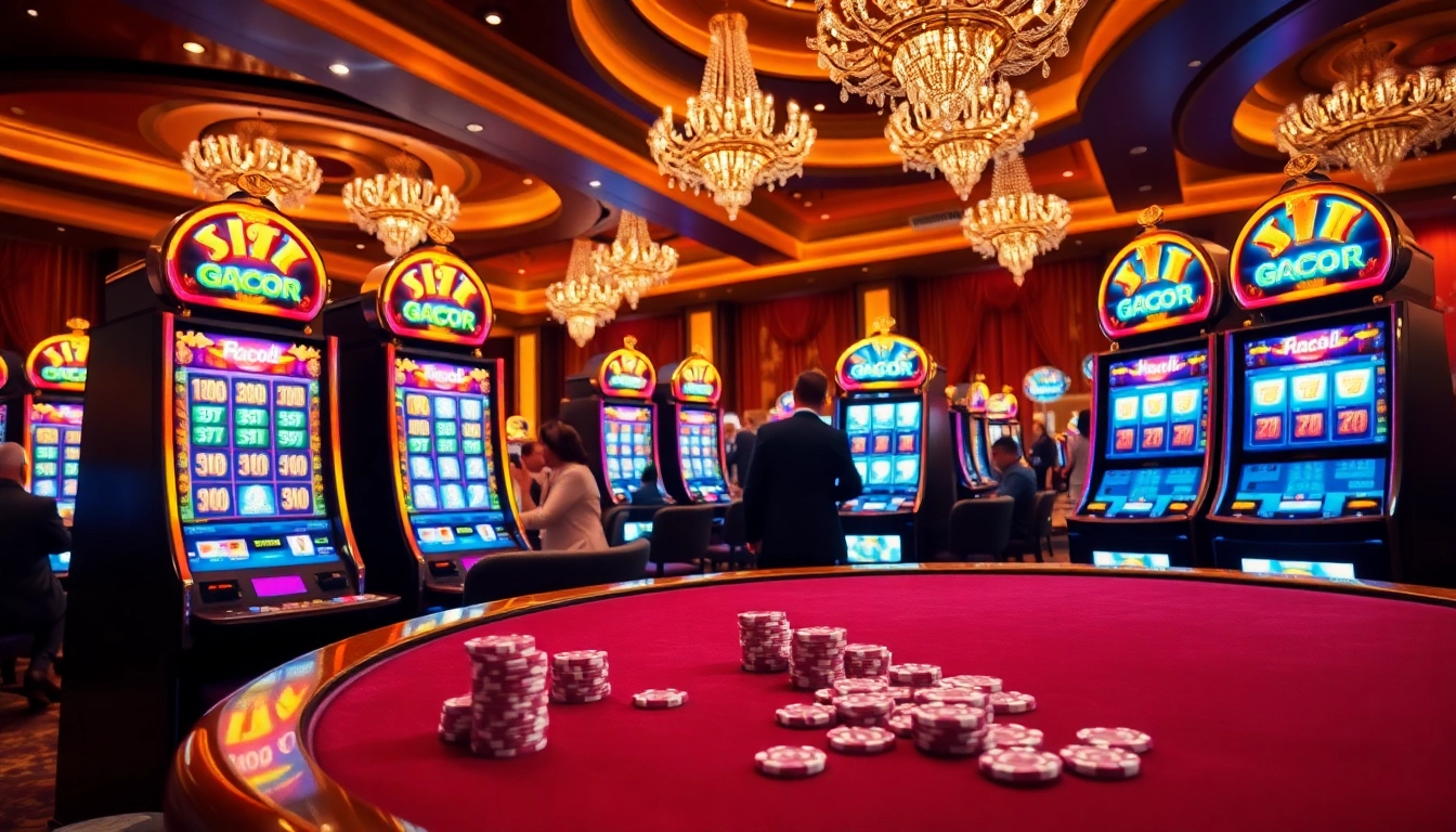 Engaging players enjoy slot gacor wins amidst vibrant casino scenes, featuring lively slot machines.