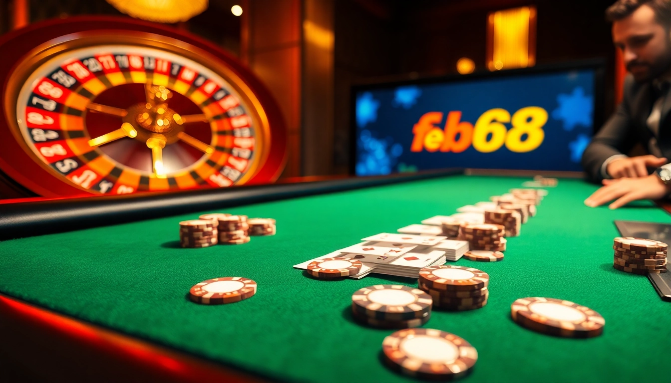 Engage in thrilling casino action with Fb68's premium gaming experience featuring poker chips and roulette.