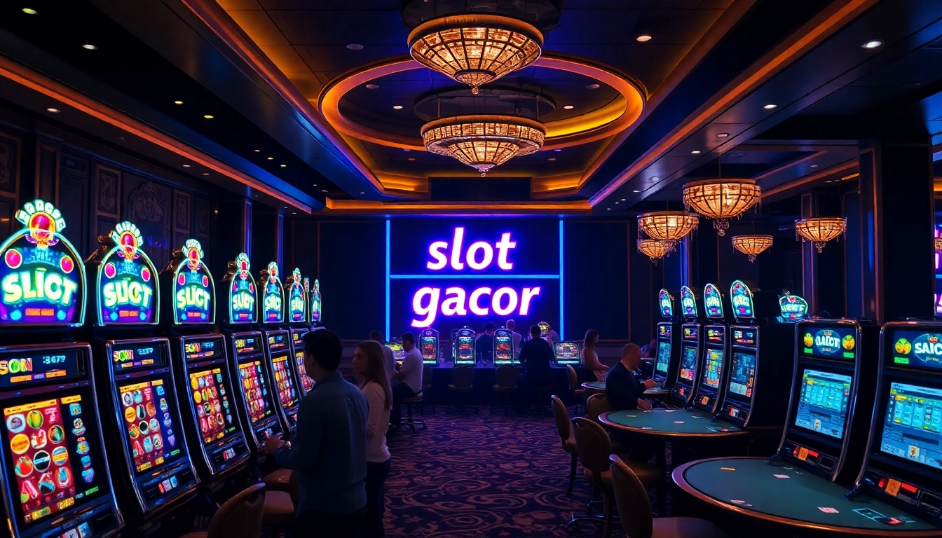 Players experiencing the thrill of slot gacor machines in a glamorous casino setting.