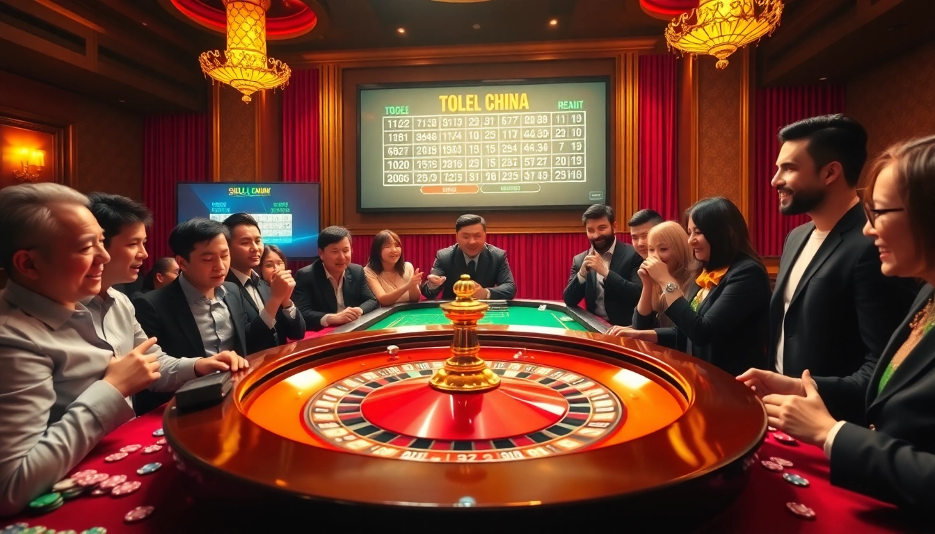 Togel China live draw with players at a roulette table celebrating wins in a vibrant casino.