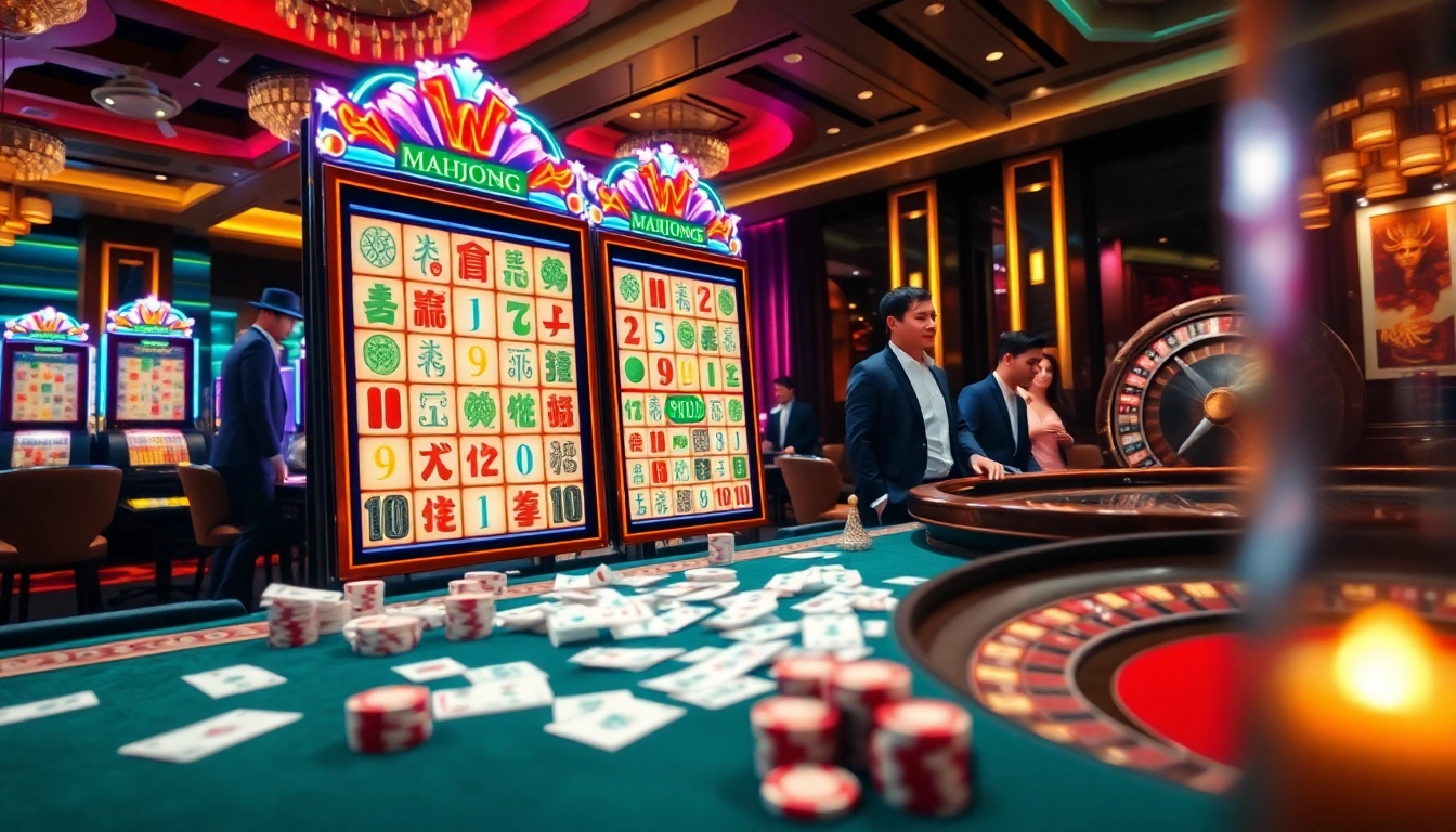 Experience the thrill of slot mahjong ways amidst a lavish casino atmosphere with vibrant colors.