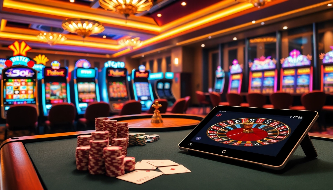 Casino gaming excitement showcasing NHÀ CÁI VT88 with poker chips, cards, and roulette wheel.