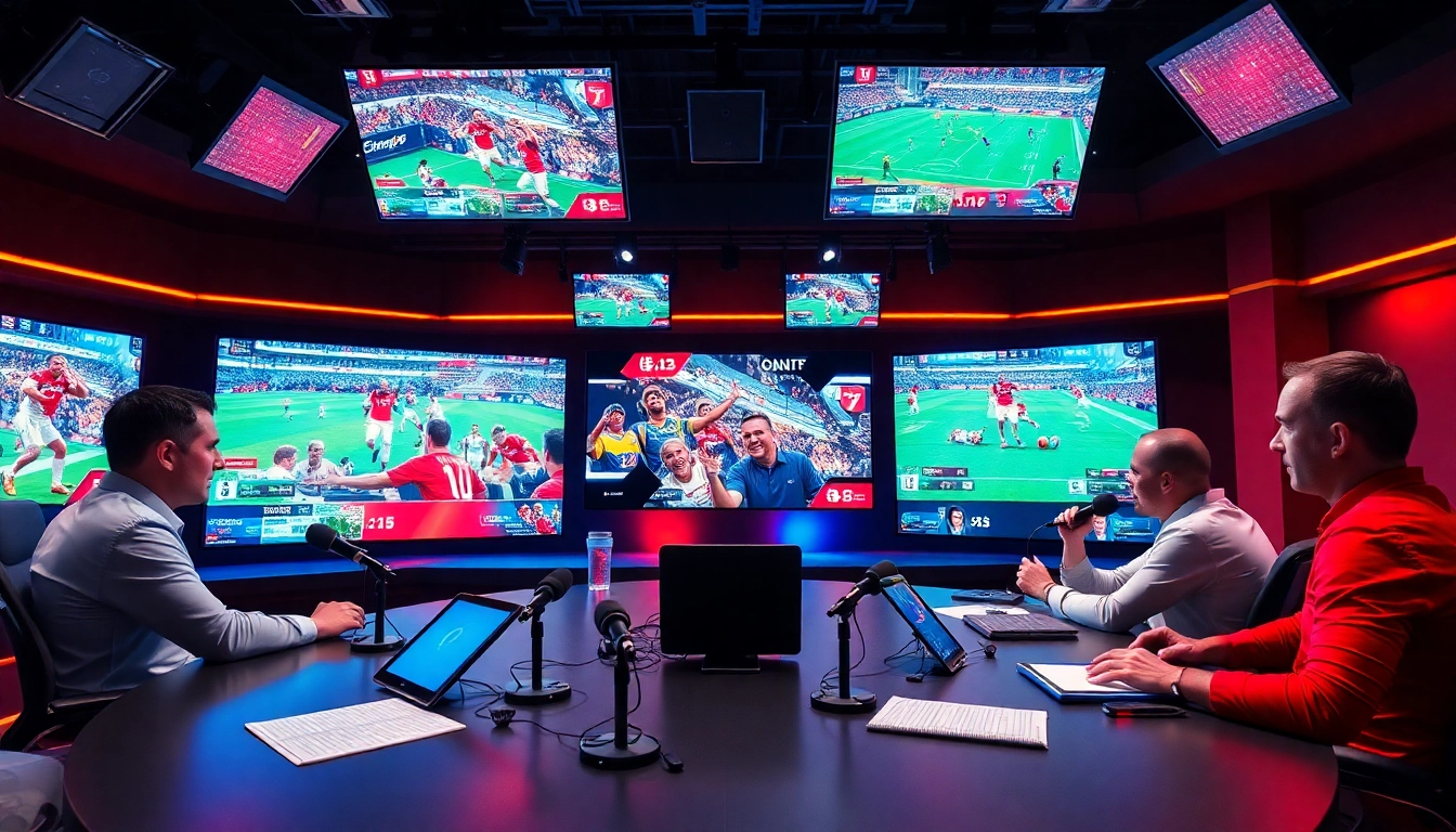 Engaging sports broadcasting studio showcasing live sports events and vibrant discussions.