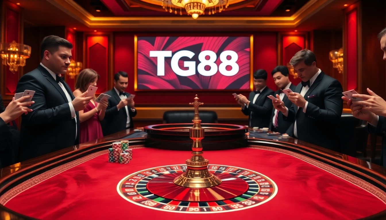 Engaged players enjoying the game TG88 at a luxurious casino table with vibrant chips and cards.
