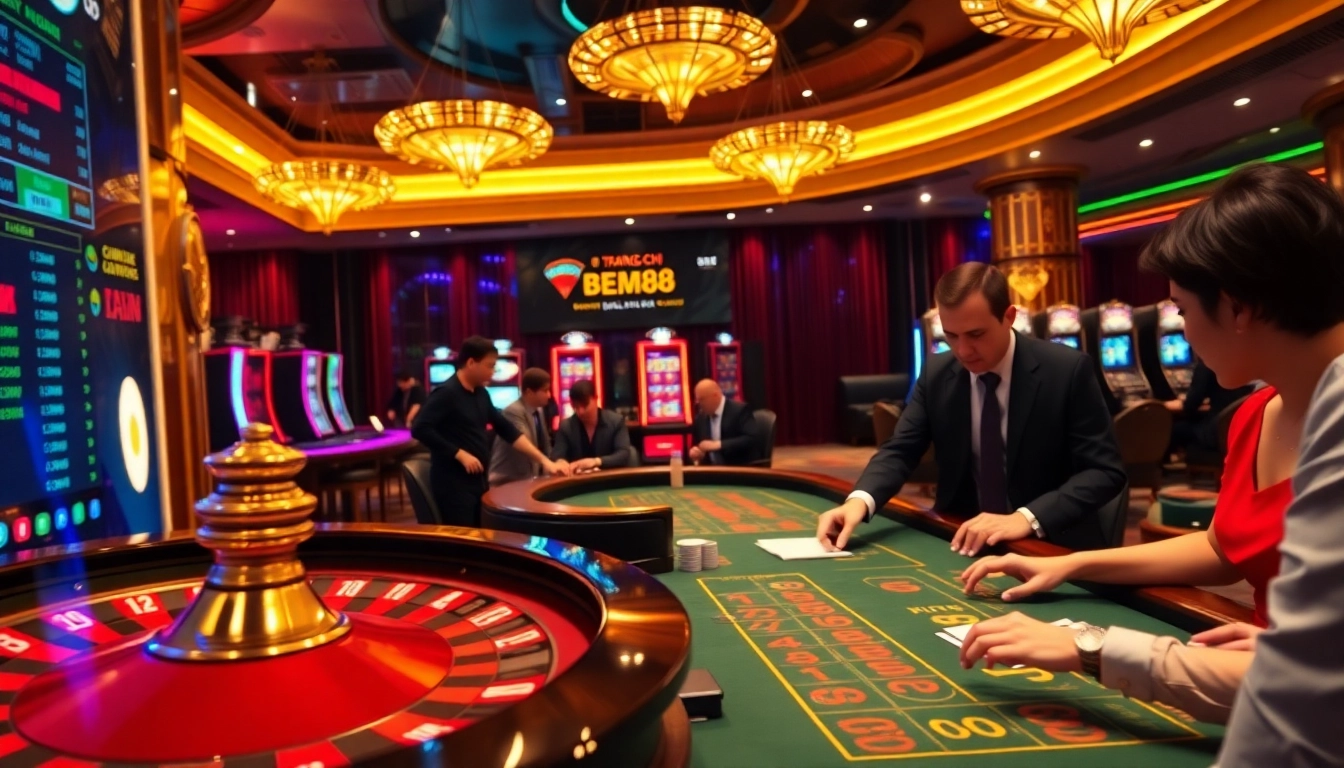 Exciting casino atmosphere on TRANG CHỦ BEM88 with players at poker tables and roulette wheels.