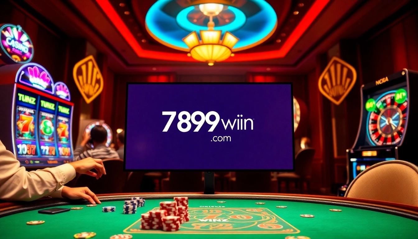 Experience the excitement of 789win com with a vibrant casino scene showcasing poker and roulette.