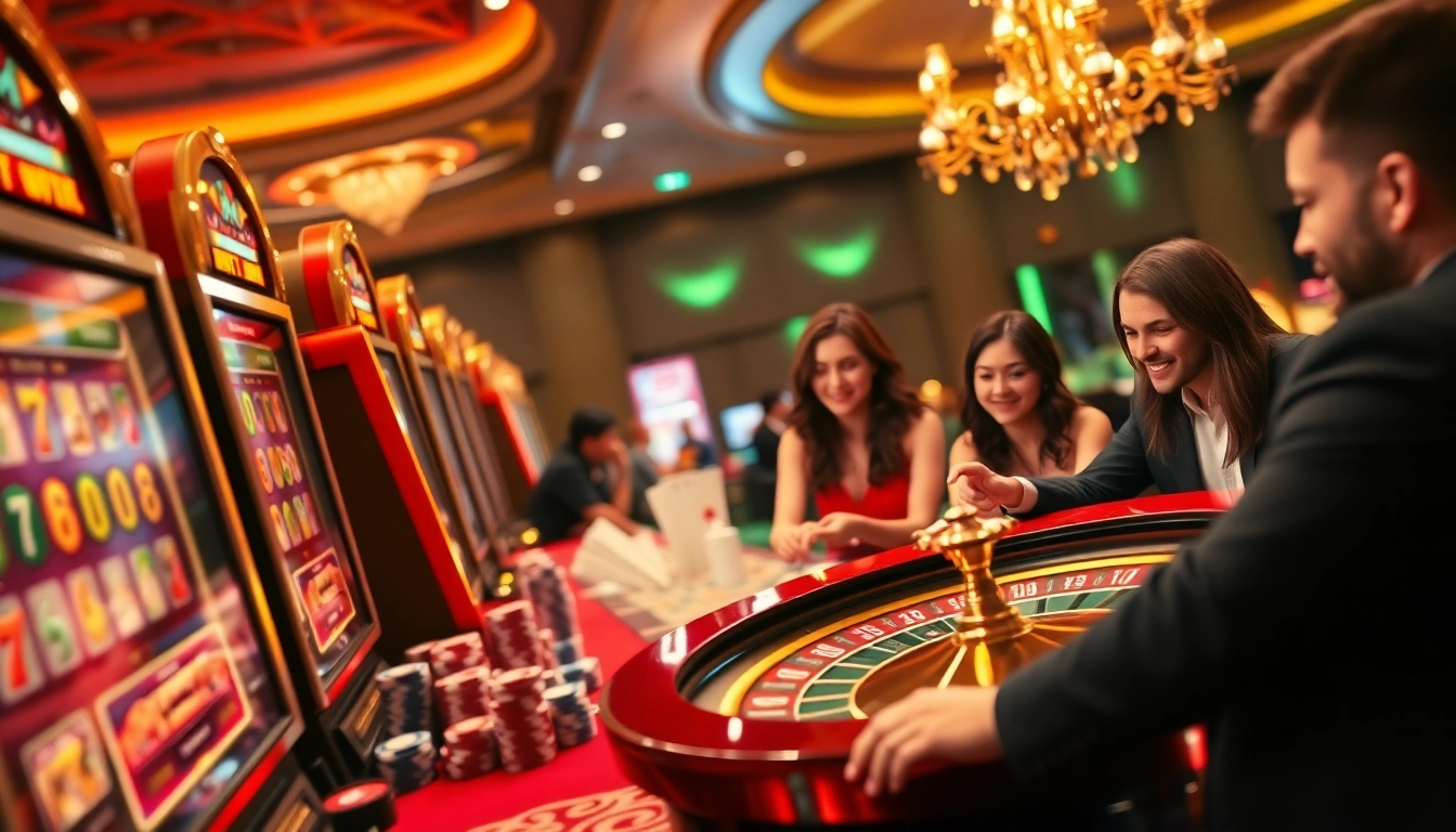 Players enjoying the thrill of slot777 login with exciting slot machines and poker chips.