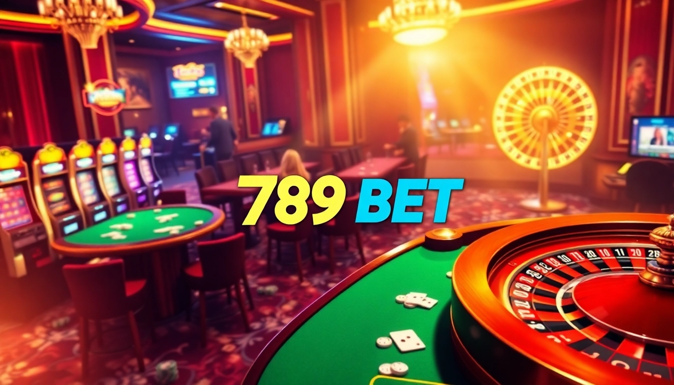 Engaging players in thrilling games at 789 BET casino with vibrant tables, poker chips, and roulette wheel.