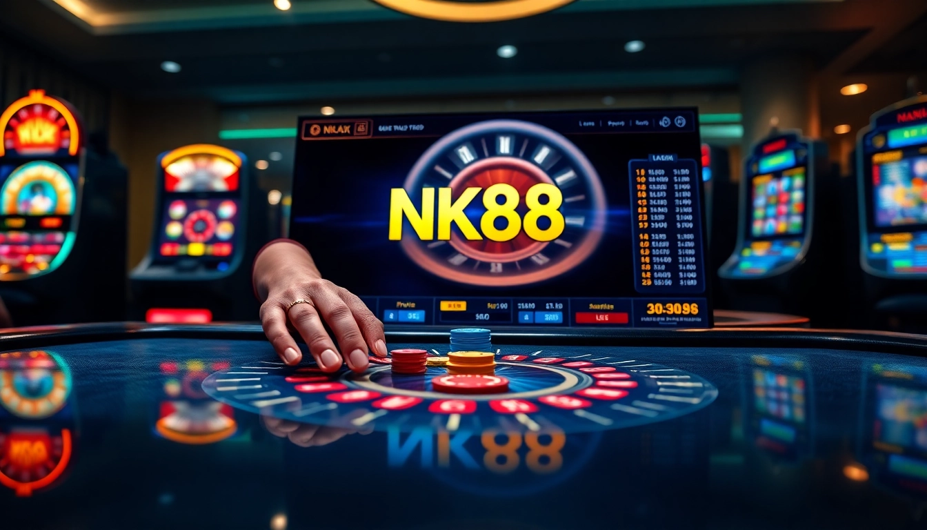 Gambling professional placing bets using the NK88 link on a secure online casino platform with poker chips and slot machines