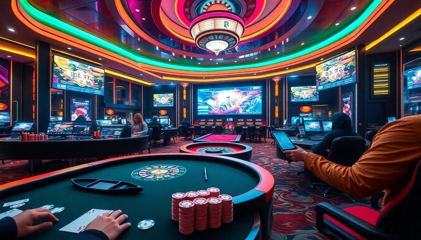 E1 Sport Counter Strike betting scene with casino tables and live tournament screens.