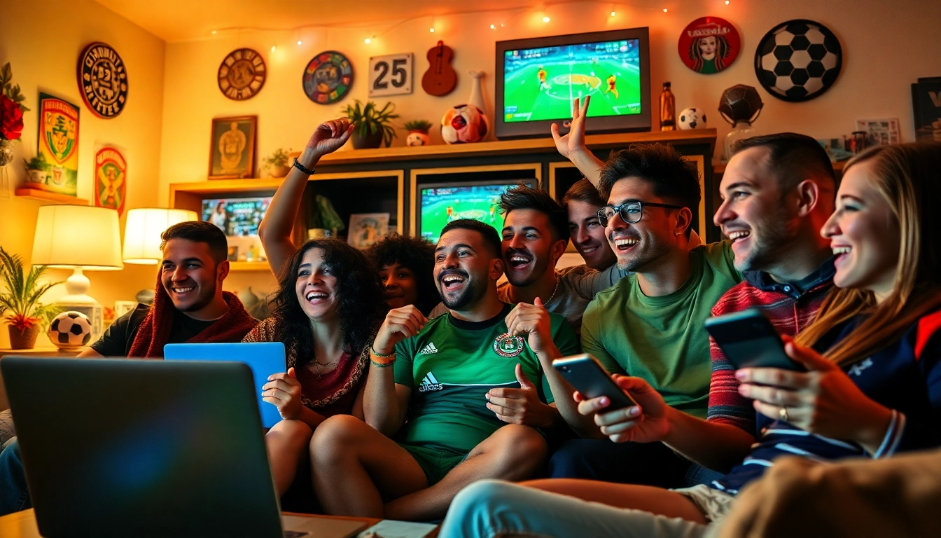 Socolive fans enjoying a thrilling live football match on digital devices in a cozy setting.