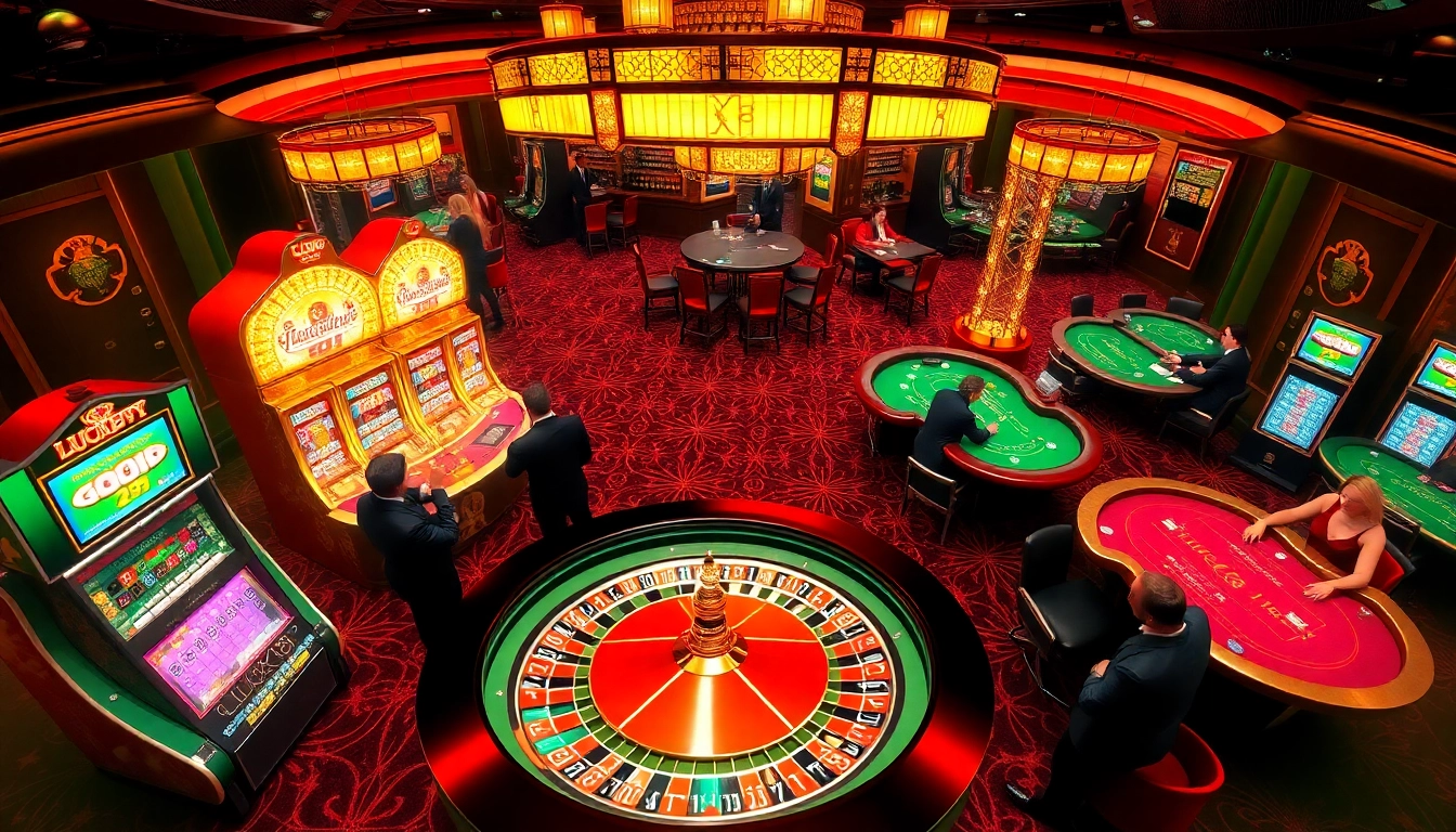 Exciting LUCK8 casino scene showcasing roulette table and high-stakes poker games.