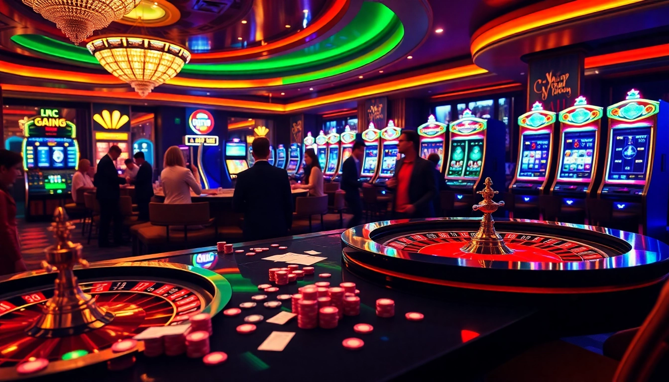 Players enjoying high-stakes games at https://nohudoithuong.life/ casino, showcasing colorful chips and neon slots.