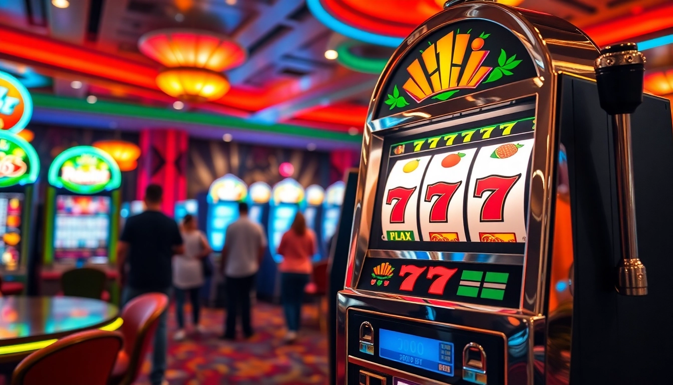Engaging Slots machine surrounded by excited players in a lively casino environment.