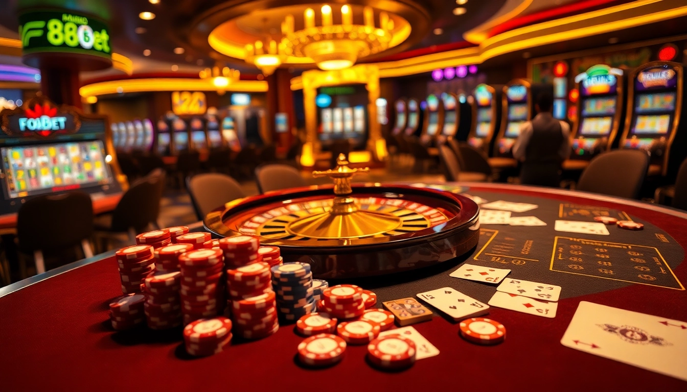 F8BET's vibrant casino scene with poker chips and roulette wheel showcasing online gaming excitement.