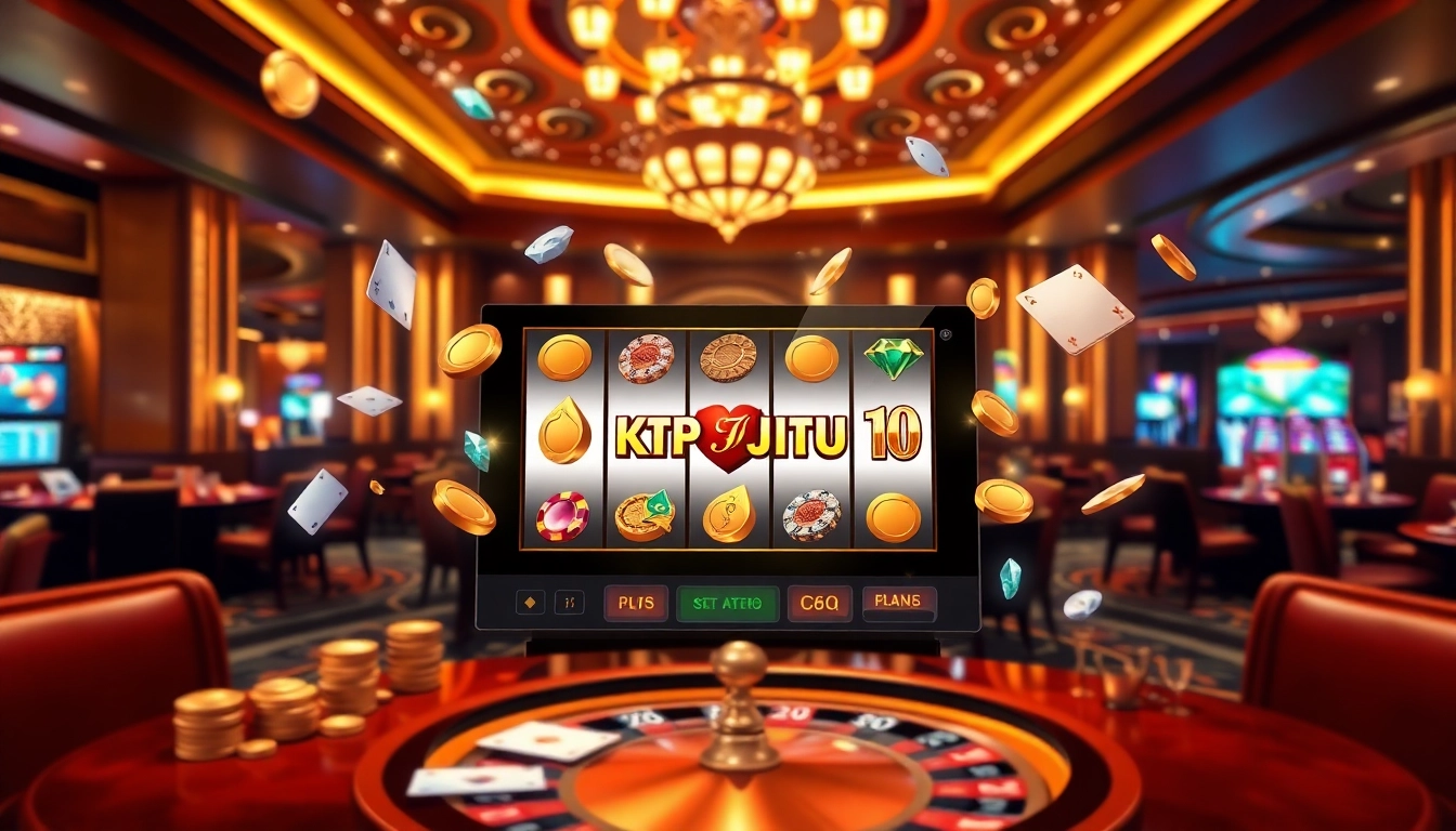 KTP JITU winning big in a luxurious online casino environment with dynamic slot machines and poker tables.
