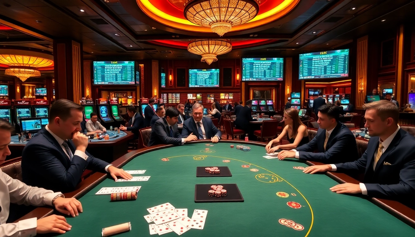 Exciting sbobet link betting scene with players at elegant casino tables.